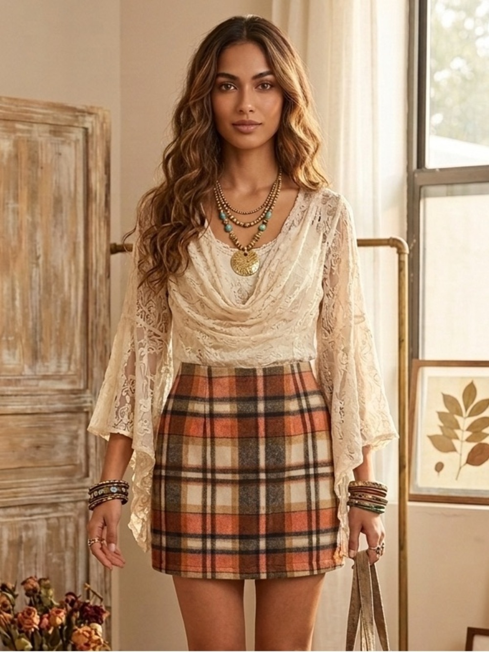 NWT Altar'd State Autumn Plaid Wool-Blend Feel Mini Skirt L